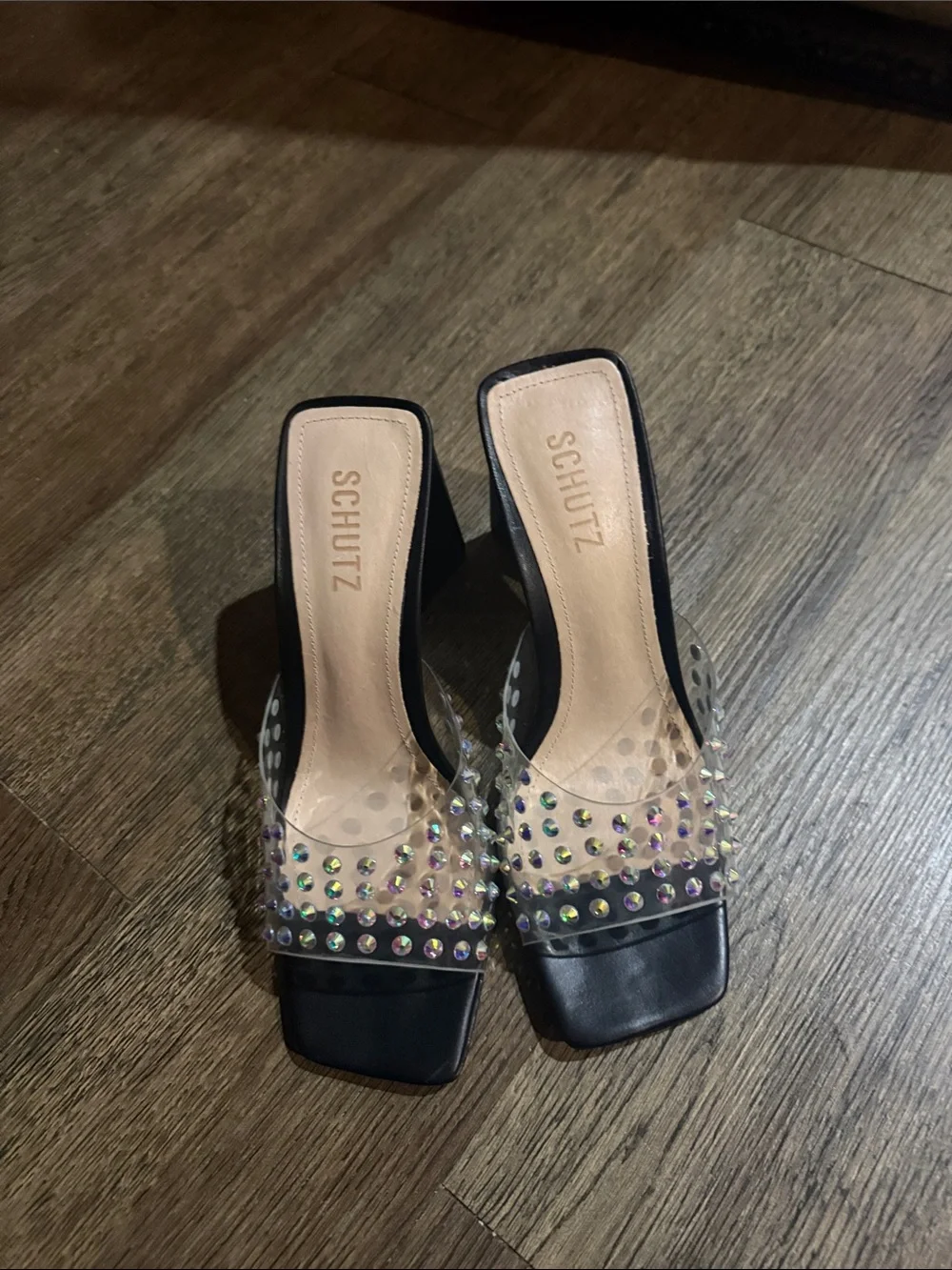 SCHUTZ Black Heeled Mules with Iridescent Gem Accents